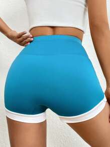 SHEIN Essnce 拼接邊騎行褲 - 藍色 - 查看 6