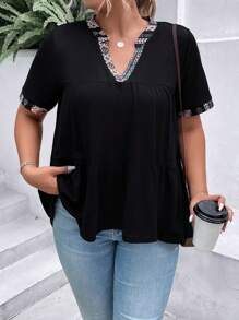 Plus Contrast Trim Notched Neck Tee - Black - View 4