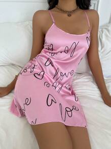 愛心和字母圖案露背交叉緞面吊帶睡裙 - 粉色 - 查看 4