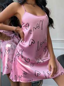 愛心和字母圖案露背交叉緞面吊帶睡裙 - 粉色 - 查看 5