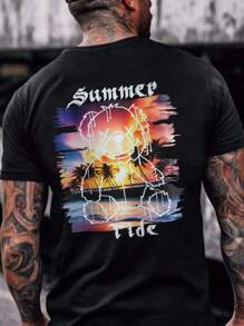 Manfinity Chillmode Hombres Camiseta de hombros caídos con estampado de slogan y dibujos animados - Negro - Ver 1