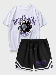 ROMWE MEN Bộ hai mảnh Nam Dây kéo Lễ Các Thánh Lá thư Đường phố - Đen và trắng - Xem 1