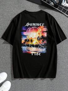 Manfinity Chillmode Hombres Camiseta de hombros caídos con estampado de slogan y dibujos animados - Negro - Ver 2