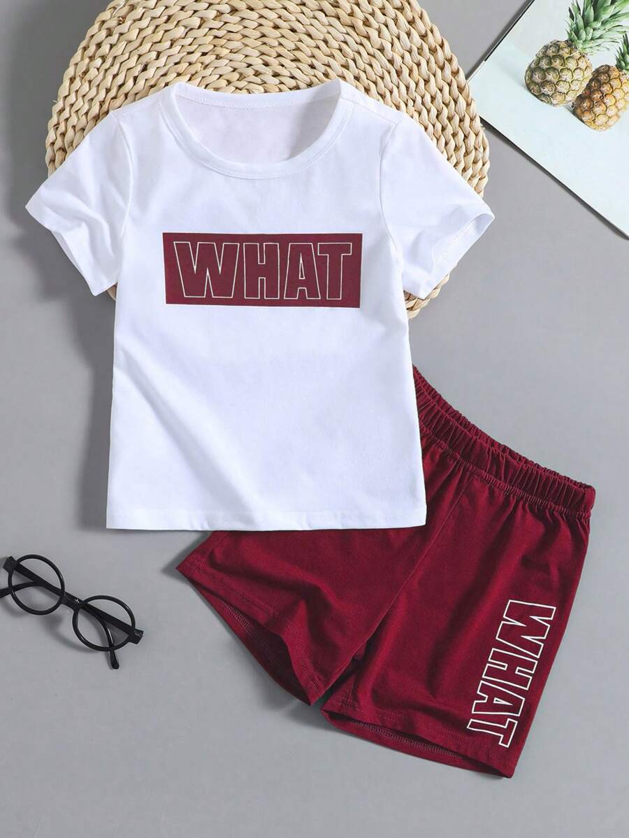 SHEIN Chàng trai trẻ Đồ họa Chữ cái Áo thun & quần đùi - Đỏ và trắng - Xem 1