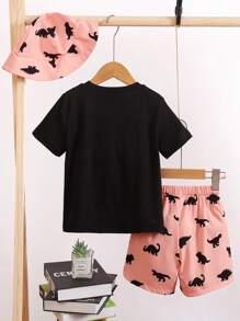 SHEIN 小男童恐龍印花T恤和短褲和帽