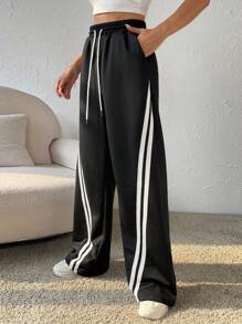 SHEIN Coolane Băng tương phản Eo dây rút Quần ống rộng - màu đen - Xem 3