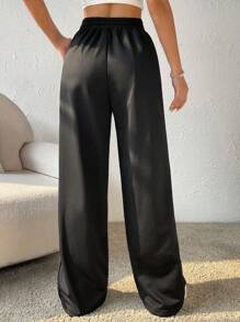 SHEIN Coolane Băng tương phản Eo dây rút Quần ống rộng - màu đen - Xem 2