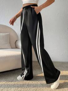 SHEIN Coolane Băng tương phản Eo dây rút Quần ống rộng - màu đen - Xem 4