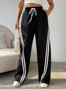 SHEIN Coolane Băng tương phản Eo dây rút Quần ống rộng - màu đen - Xem 1