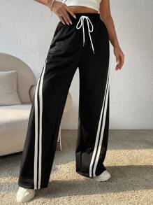 SHEIN Coolane Băng tương phản Eo dây rút Quần ống rộng - màu đen - Xem 5