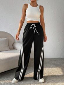 SHEIN Coolane Băng tương phản Eo dây rút Quần ống rộng - màu đen - Xem 6