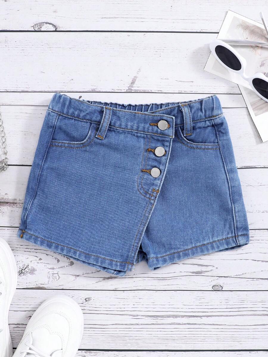 SHEIN Young Girl Button Front Denim Skort - Medium Wash - View 1