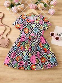 SHEIN Cô Gái Trẻ Hoa & In Kiểm tra Đầm - Nhiều màu - Xem 1