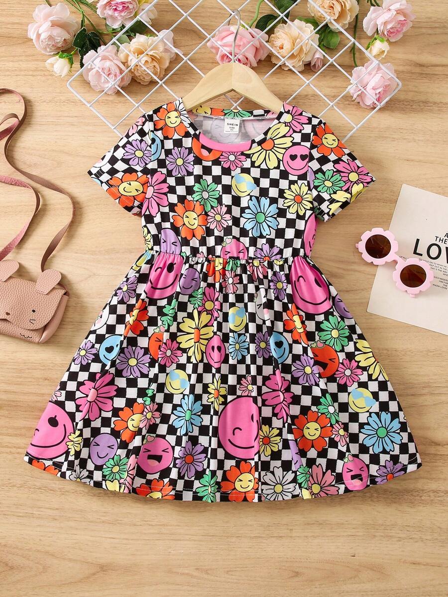 SHEIN Cô Gái Trẻ Hoa & In Kiểm tra Đầm - Nhiều màu - Xem 1