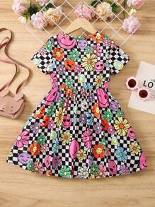 SHEIN Cô Gái Trẻ Hoa & In Kiểm tra Đầm - Nhiều màu - Xem 2