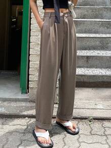 DAZY 高腰褶裥直筒西装裤商务装 - 咖啡棕 - 查看 1