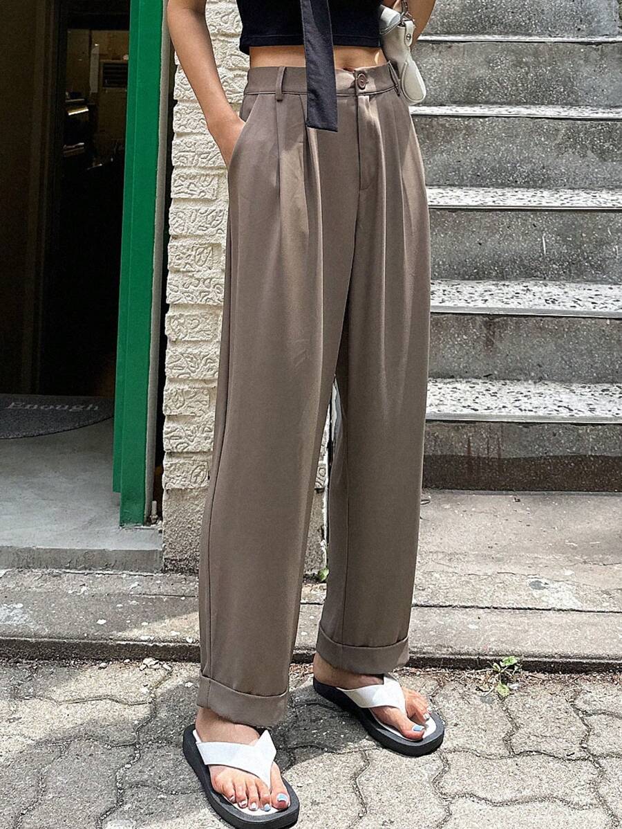 DAZY 高腰褶裥直筒西装裤商务装 - 咖啡棕 - 查看 1