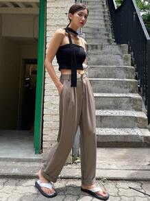 DAZY 高腰褶裥直筒西装裤商务装 - 咖啡棕 - 查看 3