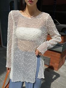 DAZY Áo lưới xẻ gấu trơn không có ống, áo đi chơi, áo dài tay mỏng nhẹ dành cho nữ - Màu be - Xem 1