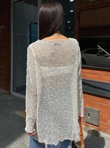 DAZY Áo lưới xẻ gấu trơn không có ống, áo đi chơi, áo dài tay mỏng nhẹ dành cho nữ - Màu be - Xem 2