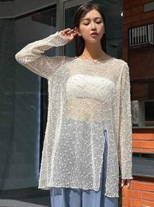 DAZY Áo lưới xẻ gấu trơn không có ống, áo đi chơi, áo dài tay mỏng nhẹ dành cho nữ - Màu be - Xem 3