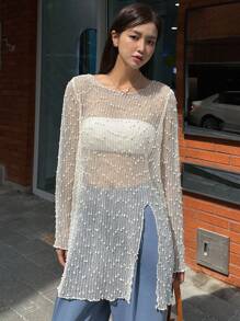 DAZY Áo lưới xẻ gấu trơn không có ống, áo đi chơi, áo dài tay mỏng nhẹ dành cho nữ - Màu be - Xem 6