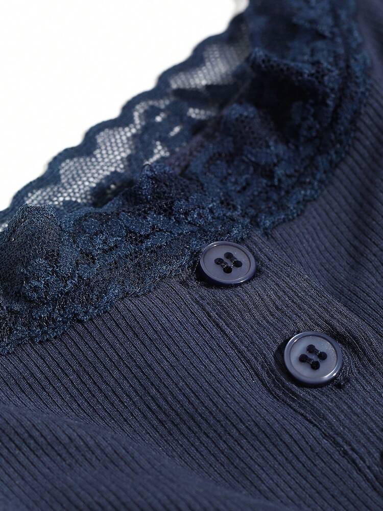 Lace Trim Button Front Wide Strap Top
