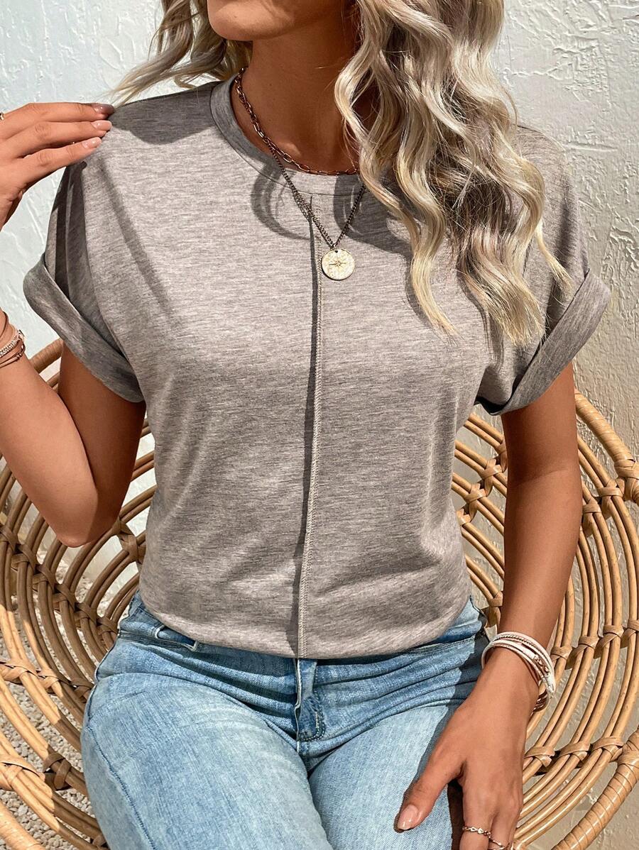 SHEIN LUNE 素色蝙蝠袖T恤 - 卡其色 - 查看 1