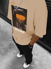 Manfinity Roughcore Men Plus Slogan & Figure Graphic Tee - Khaki - View 3