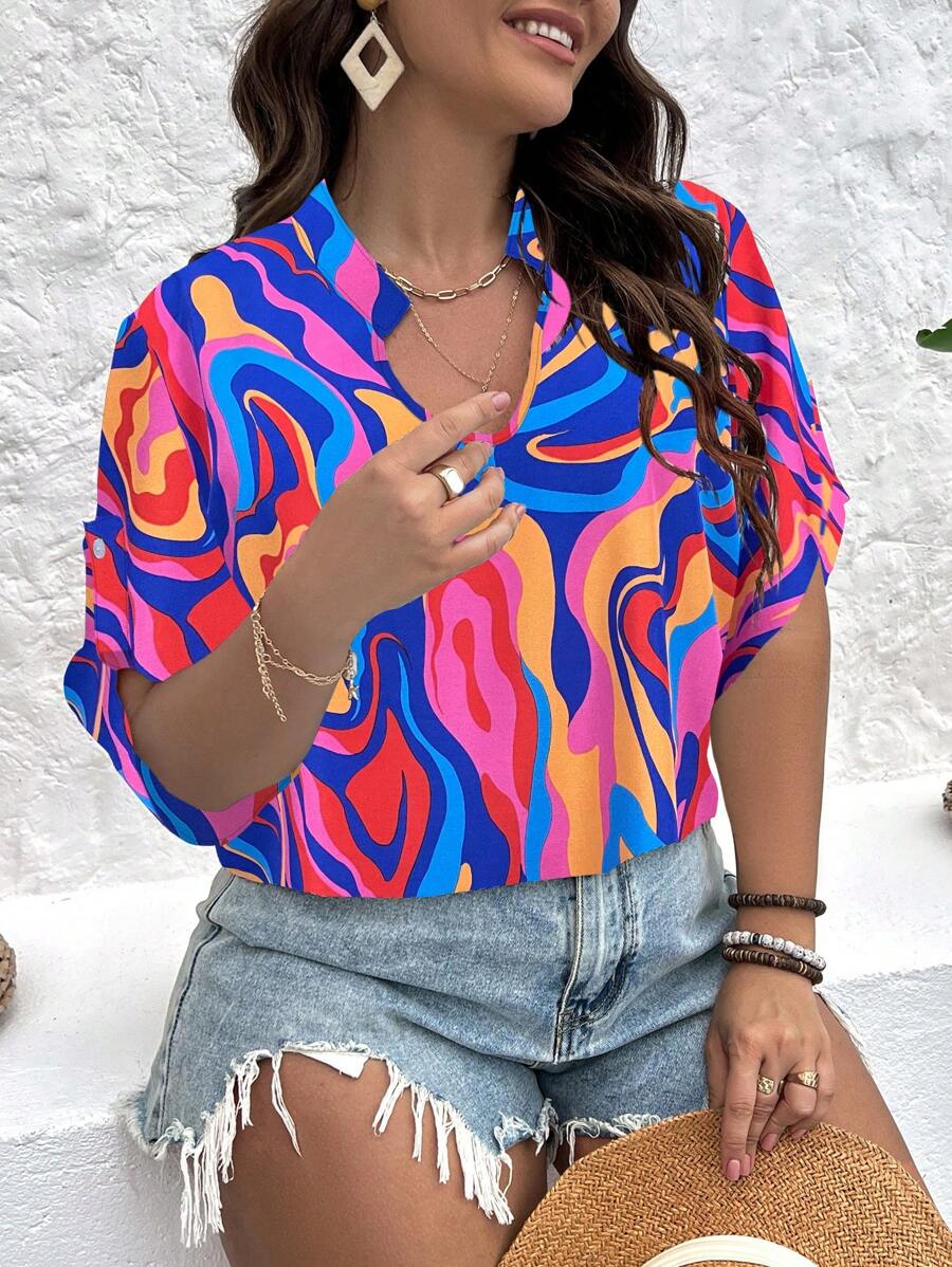 SHEIN Holidaya 大碼滿版印花蝙蝠袖襯衫