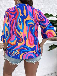 SHEIN Holidaya 大碼滿版印花蝙蝠袖襯衫