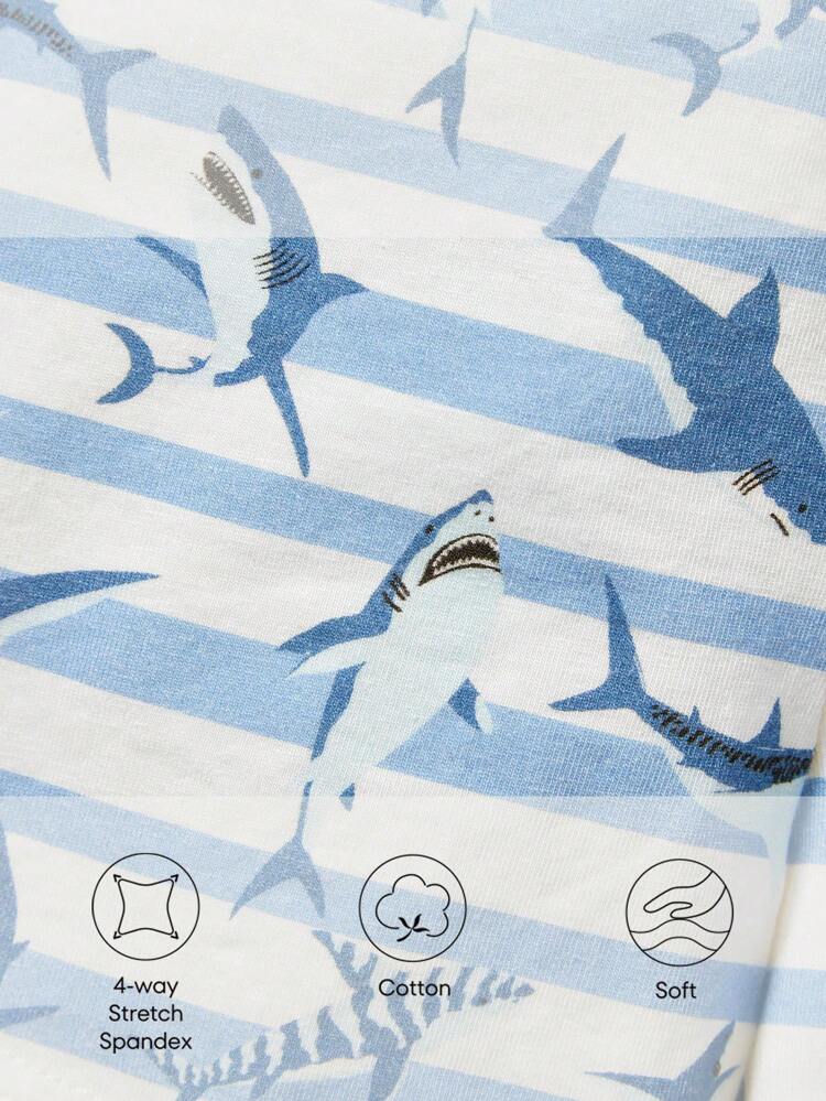 Shark And Striped Print Polo Tee & Shorts & Hat & Storage Bag