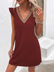 SHEIN LUNE Băng tương phản Viền Ruffle Đầm - Màu Đỏ Sâu - Xem 1