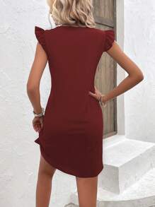 SHEIN LUNE Băng tương phản Viền Ruffle Đầm - Màu Đỏ Sâu - Xem 2