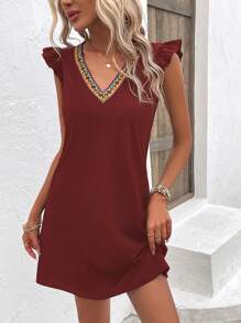 SHEIN LUNE Băng tương phản Viền Ruffle Đầm - Màu Đỏ Sâu - Xem 3