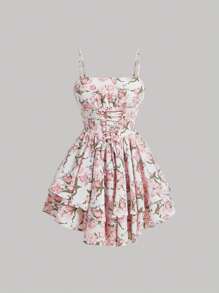 SHEIN MOD Vestido Corto De Tirantes De Verano Con Diseño De Flores Y Escote Delantero Con Cordones Y Detalle Fruncido En El Busto