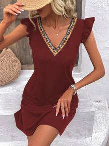 SHEIN LUNE Băng tương phản Viền Ruffle Đầm - Màu Đỏ Sâu - Xem 4