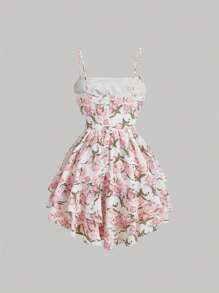 SHEIN MOD Vestido Corto De Tirantes De Verano Con Diseño De Flores Y Escote Delantero Con Cordones Y Detalle Fruncido En El Busto