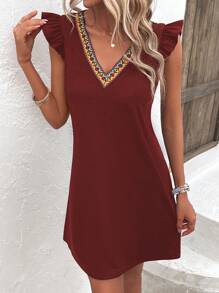 SHEIN LUNE Băng tương phản Viền Ruffle Đầm - Màu Đỏ Sâu - Xem 5