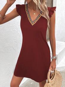 SHEIN LUNE Băng tương phản Viền Ruffle Đầm - Màu Đỏ Sâu - Xem 6