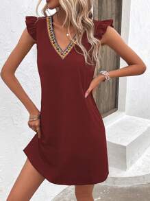 SHEIN LUNE Băng tương phản Viền Ruffle Đầm - Màu Đỏ Sâu - Xem 7