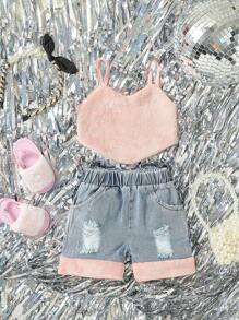嬰兒手帕吊帶上衣和破洞抽鬚牛仔短褲 - 彩色 - 查看 1