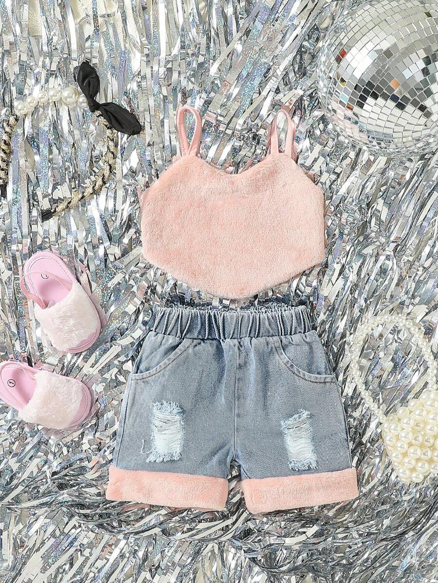 嬰兒手帕吊帶上衣和破洞抽鬚牛仔短褲 - 彩色 - 查看 1