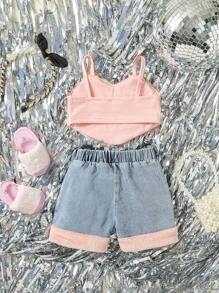 嬰兒手帕吊帶上衣和破洞抽鬚牛仔短褲 - 彩色 - 查看 2