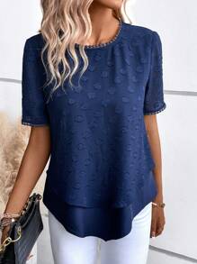 SHEIN LUNE 素色蕾絲拼接襯衫 - 藏蓝色 - 查看 1