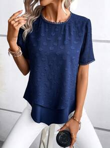 SHEIN LUNE 素色蕾絲拼接襯衫 - 藏蓝色 - 查看 4