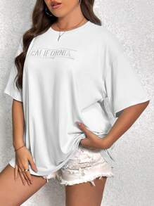 SHEIN EZwear Plus Letter Embroidery Drop Shoulder Tee - White - View 3