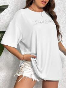 SHEIN EZwear Plus Letter Embroidery Drop Shoulder Tee - White - View 4