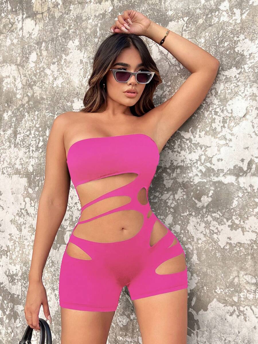 SHEIN SXY 鏤空抹胸緊身連體褲 - 玫紅色 - 查看 1