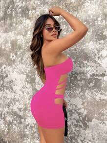 SHEIN SXY 鏤空抹胸緊身連體褲 - 玫紅色 - 查看 5